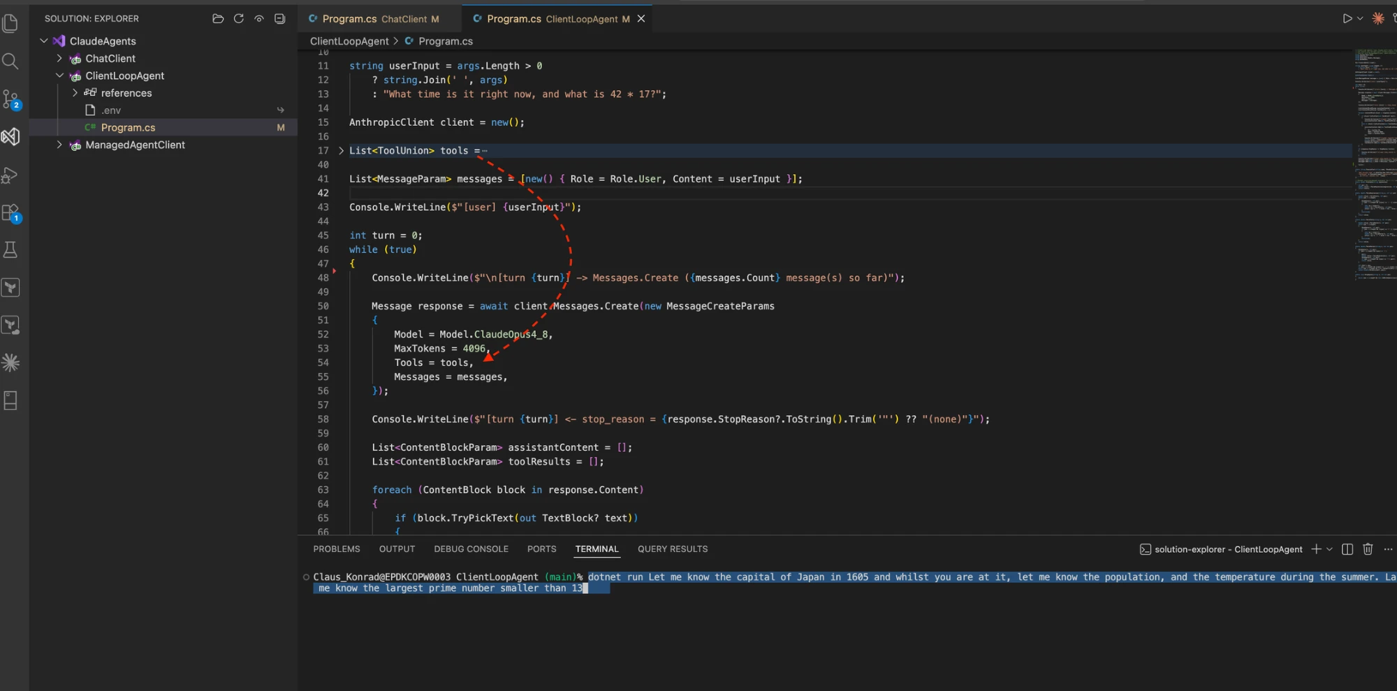 The while loop in ClientLoopAgent calling Messages.Create with the tools and message history